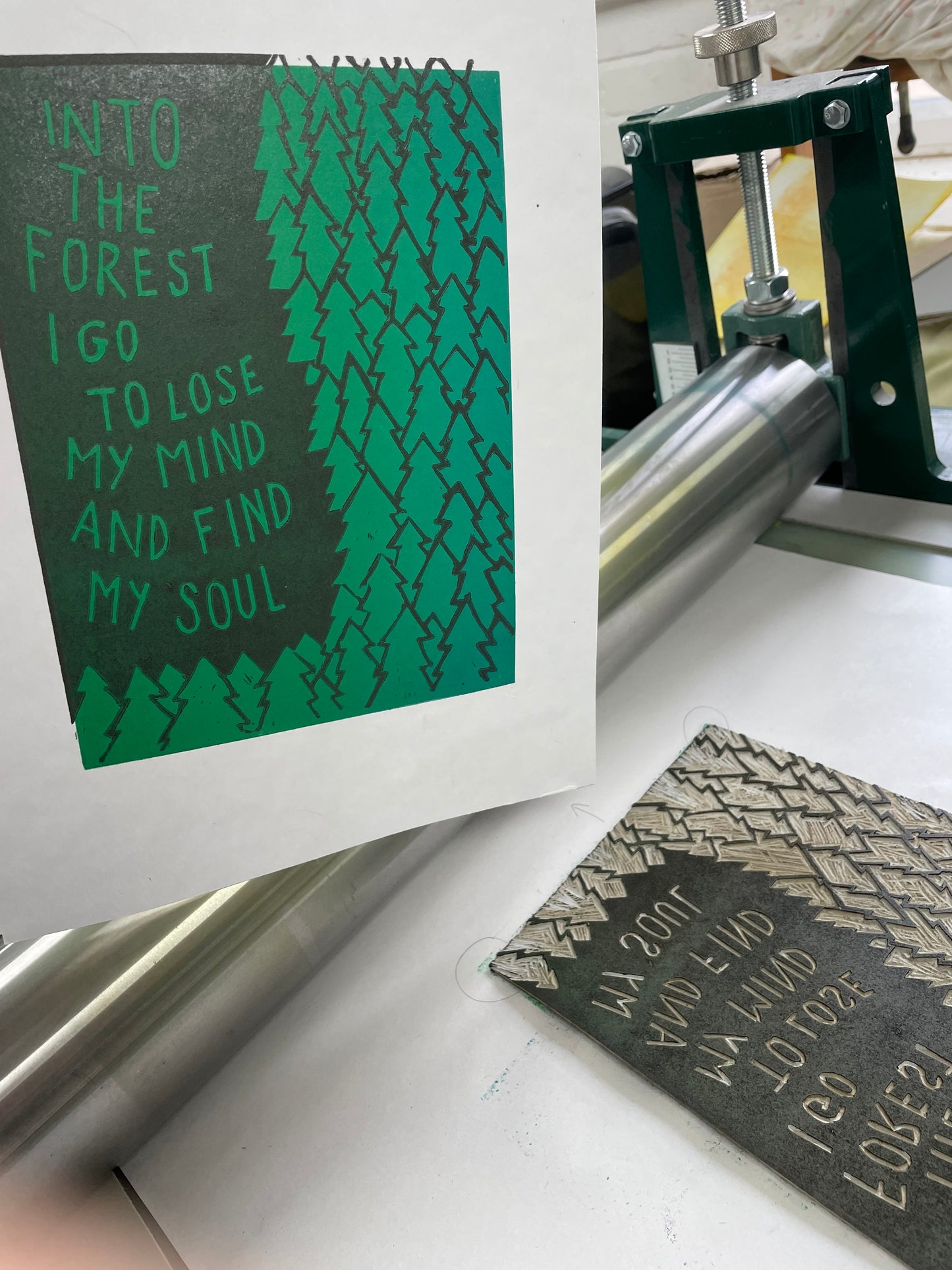 John Muir inspired forest linocut