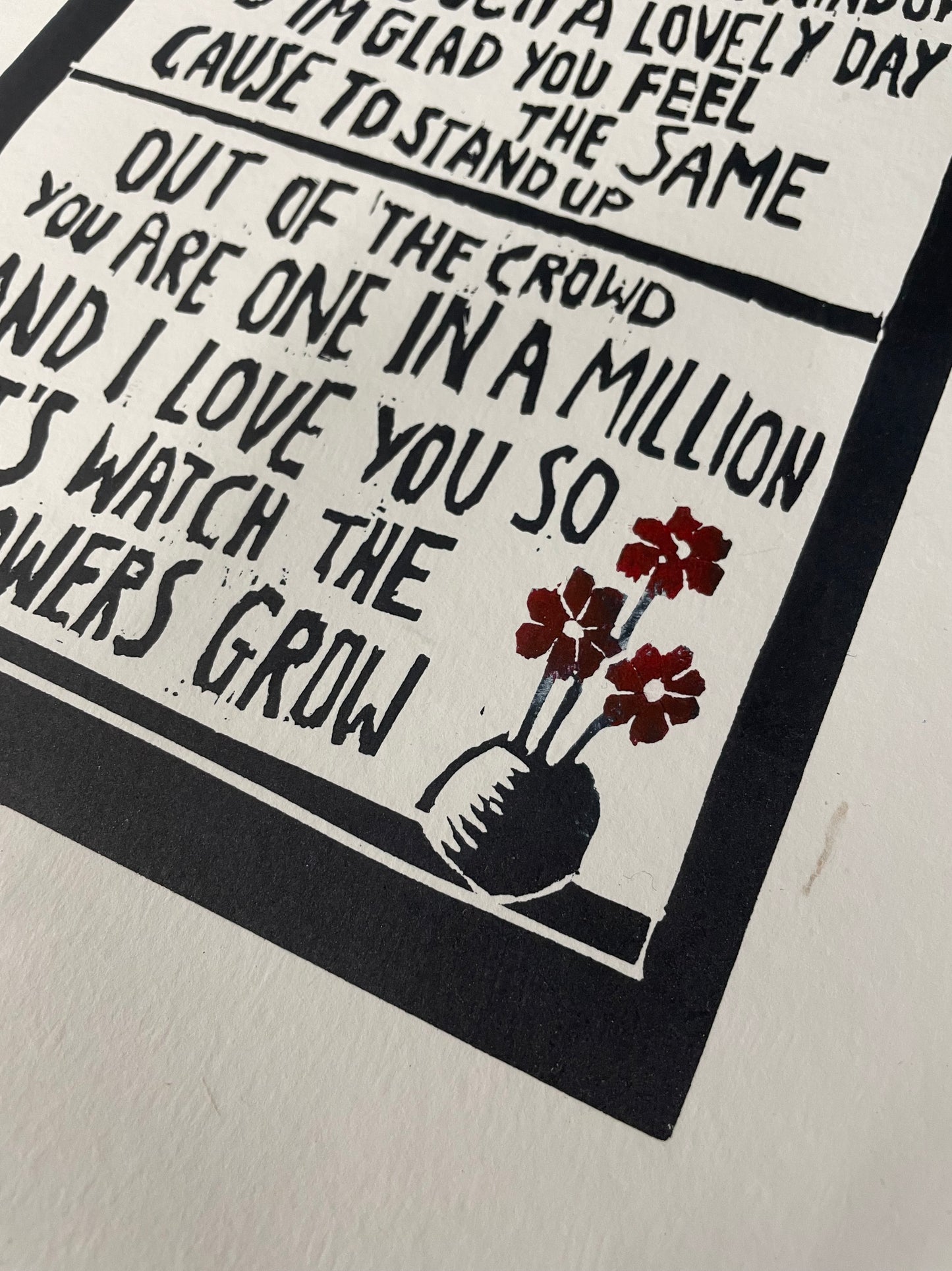 Travis 'Flowers in the Window' song lyrics inspired linocut print