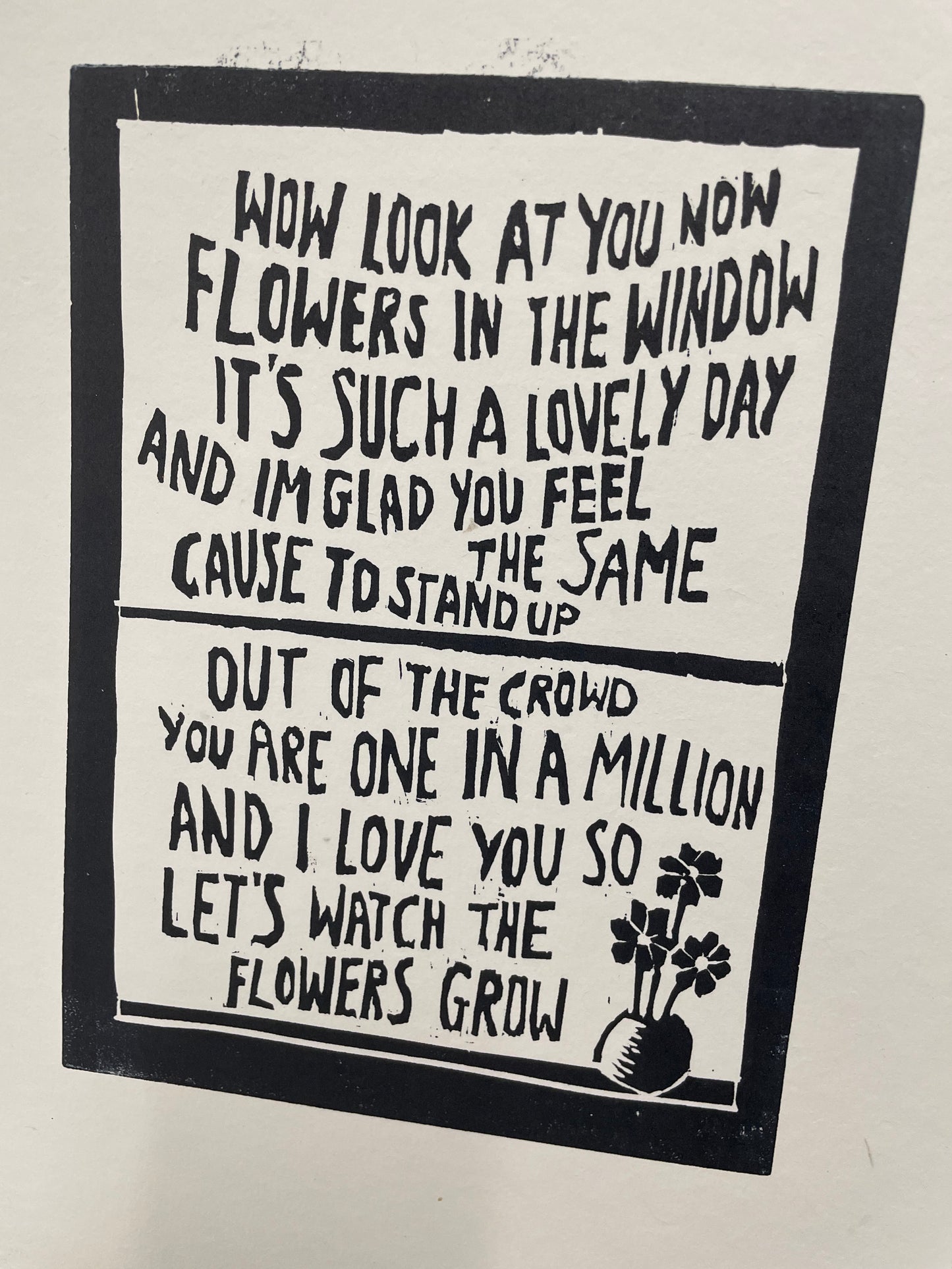 Travis 'Flowers in the Window' song lyrics inspired linocut print