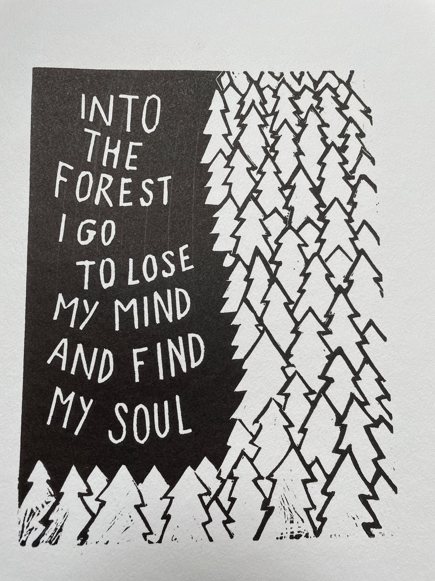 John Muir inspired forest linocut