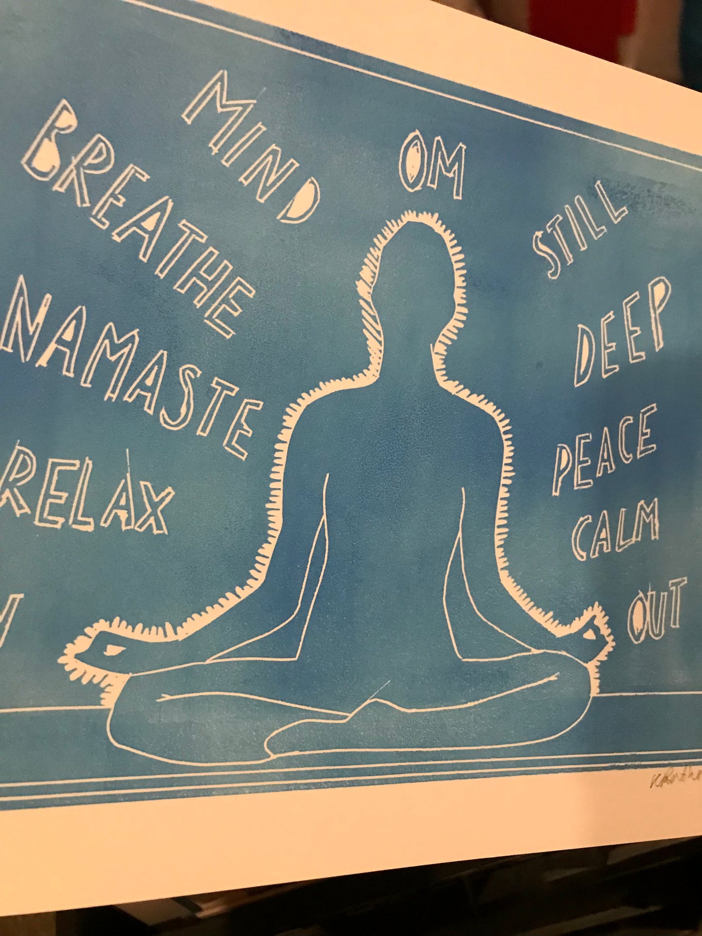 Yoga inspired linocut print blue