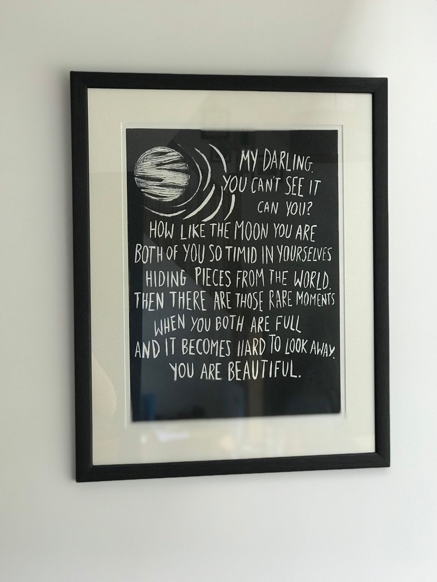 SUPER SECONDS Moon poem by Alexandria Drzewiecki linocut print very romantic