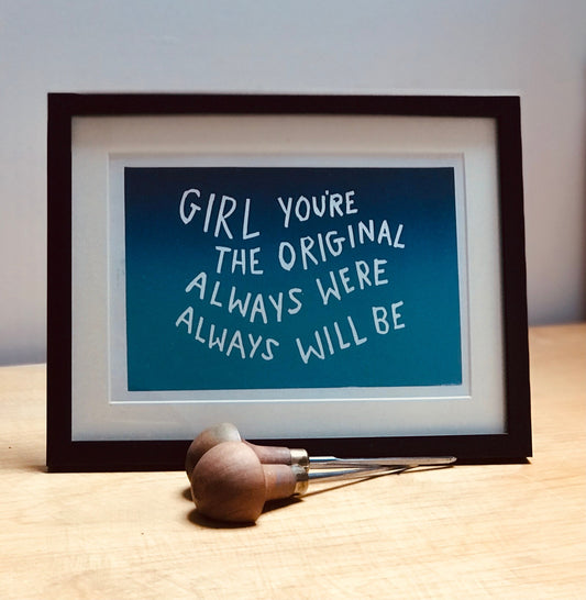 Incubus ‘Original’ inspired linocut part 2 6x4” in blue fade or grey