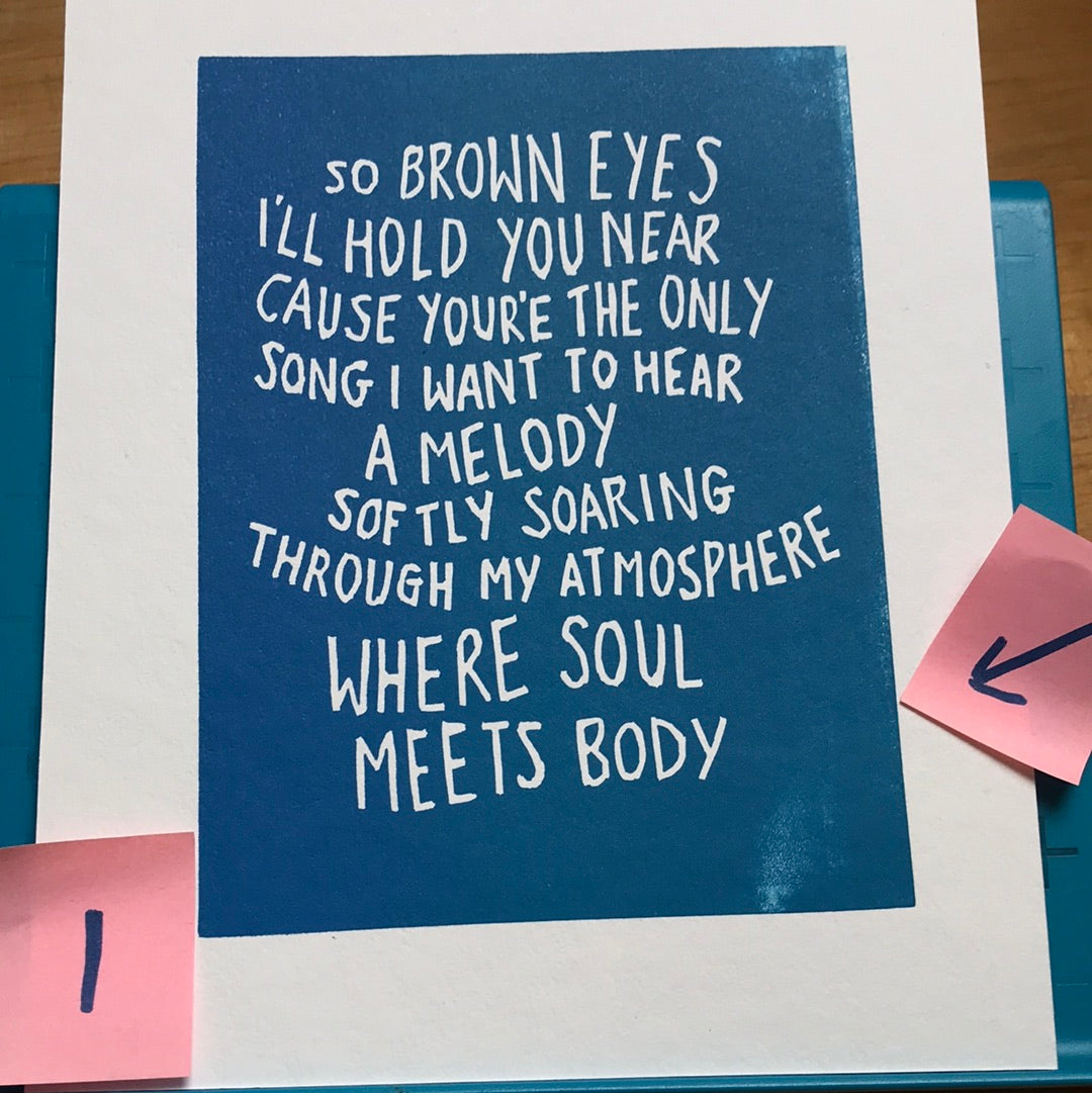 SUPER SECONDS Death Cab For Cutie ‘Soul Meets Body’ inspired linocut print in blue