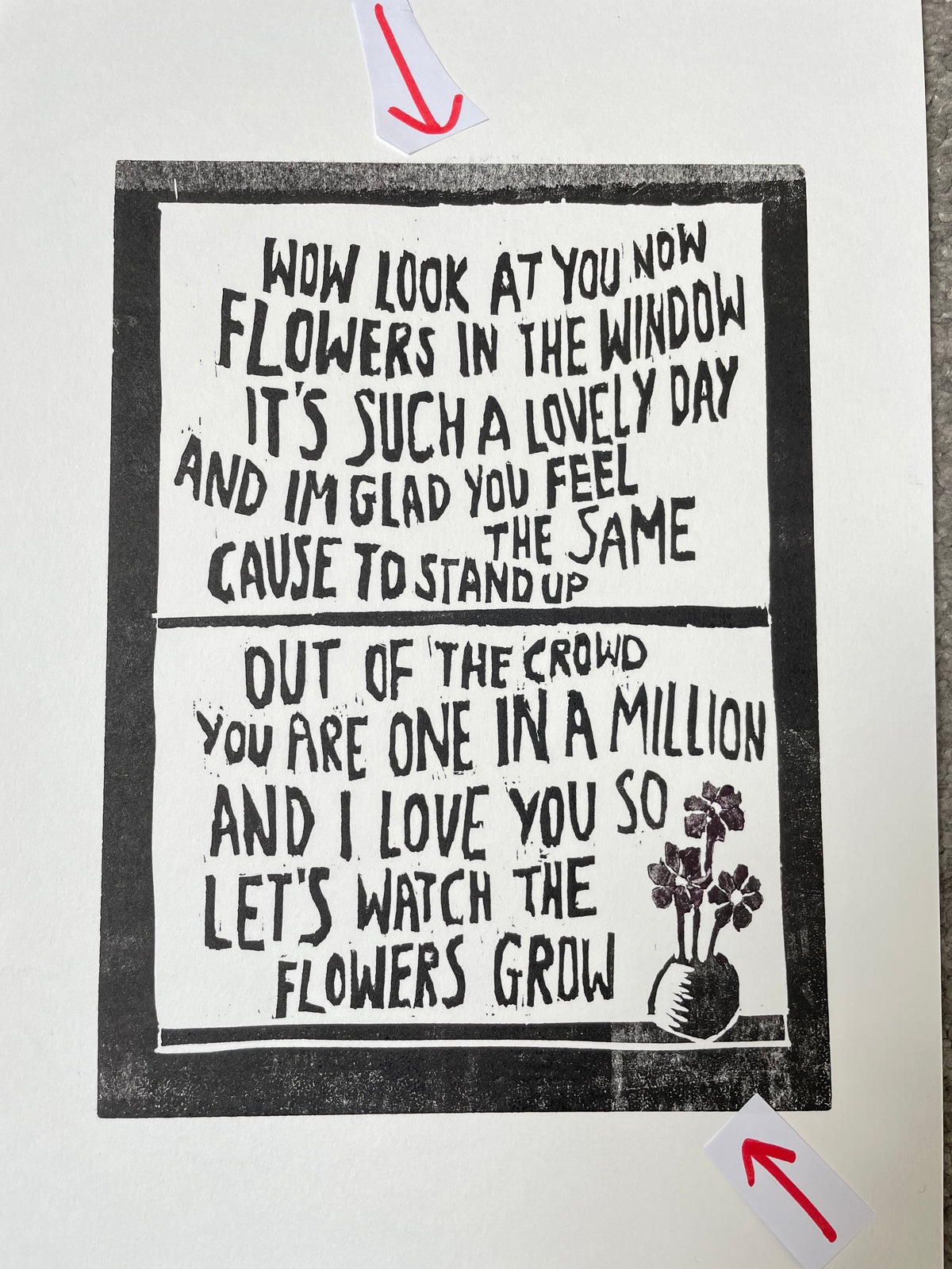 SUPER SECONDS Travis 'Flowers in the Window' song lyrics original linocut