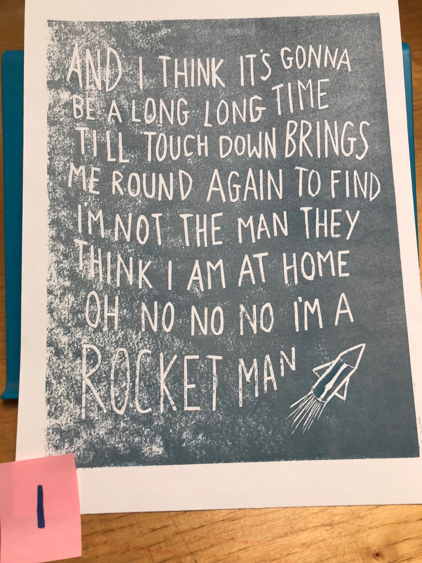 SUPER SECONDS Elton John 'Rocket Man' lyrics linocut in silver grey or blue