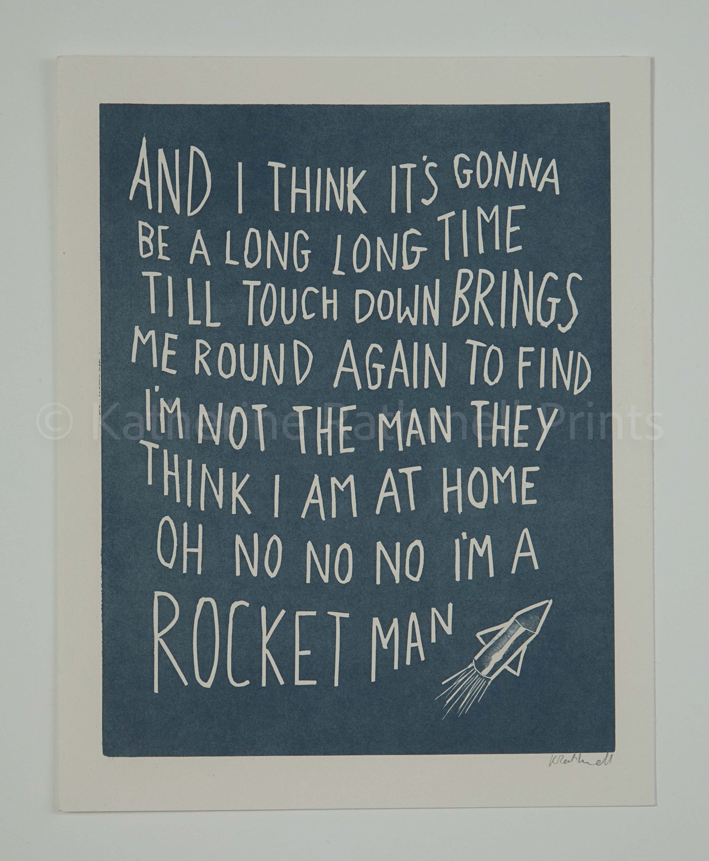 Elton John 'Rocket Man' lyrics linocut in silver grey or blue