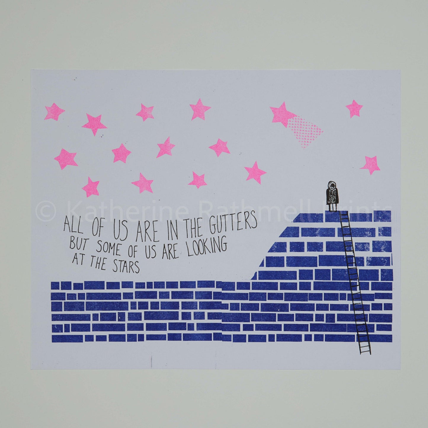 Risograph print inspired by the Pretenders/Oscar Wilde quote "All of us are in the gutters, but some of us are looking at the stars."