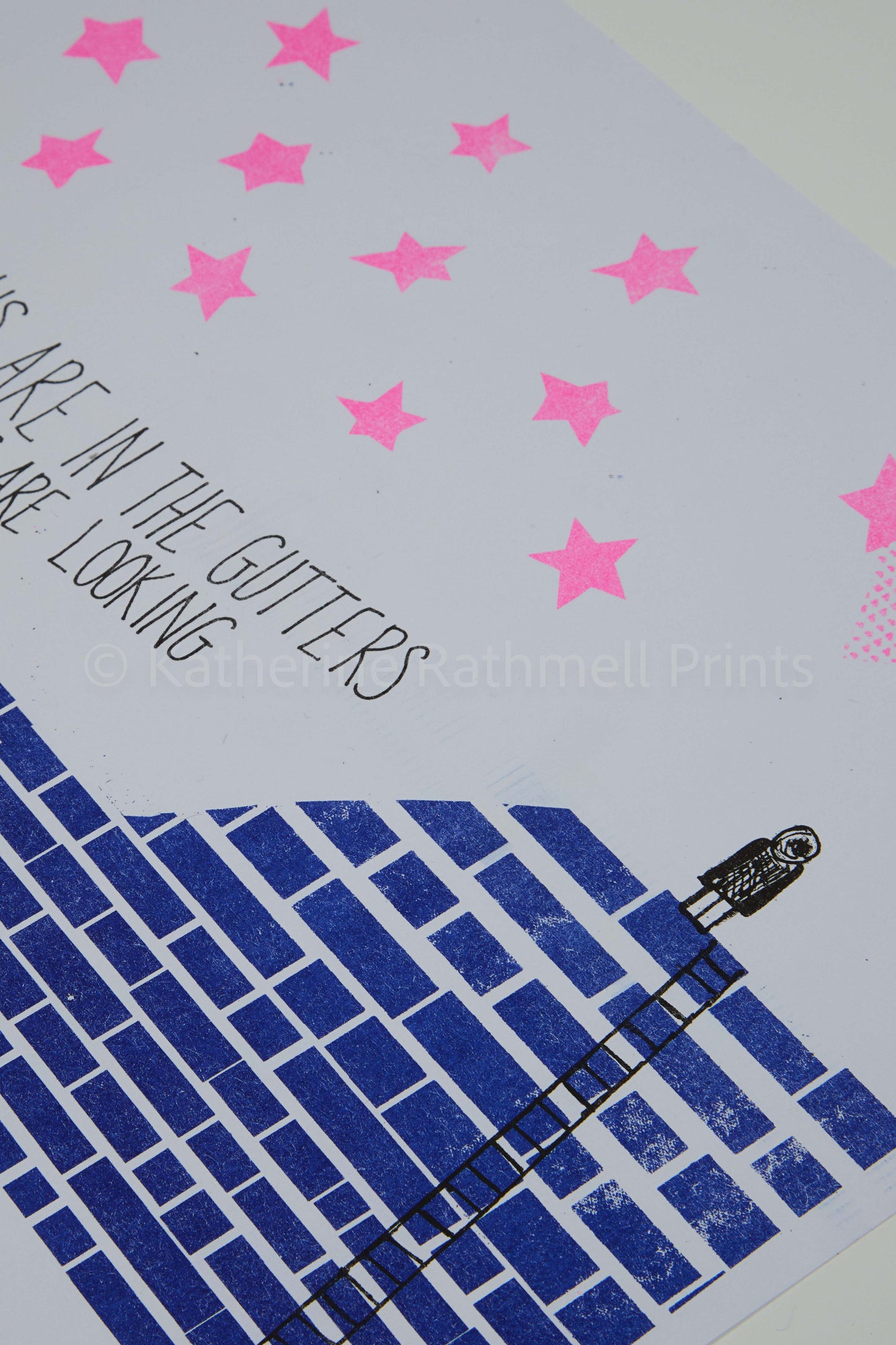 Risograph print inspired by the Pretenders/Oscar Wilde quote "All of us are in the gutters, but some of us are looking at the stars."