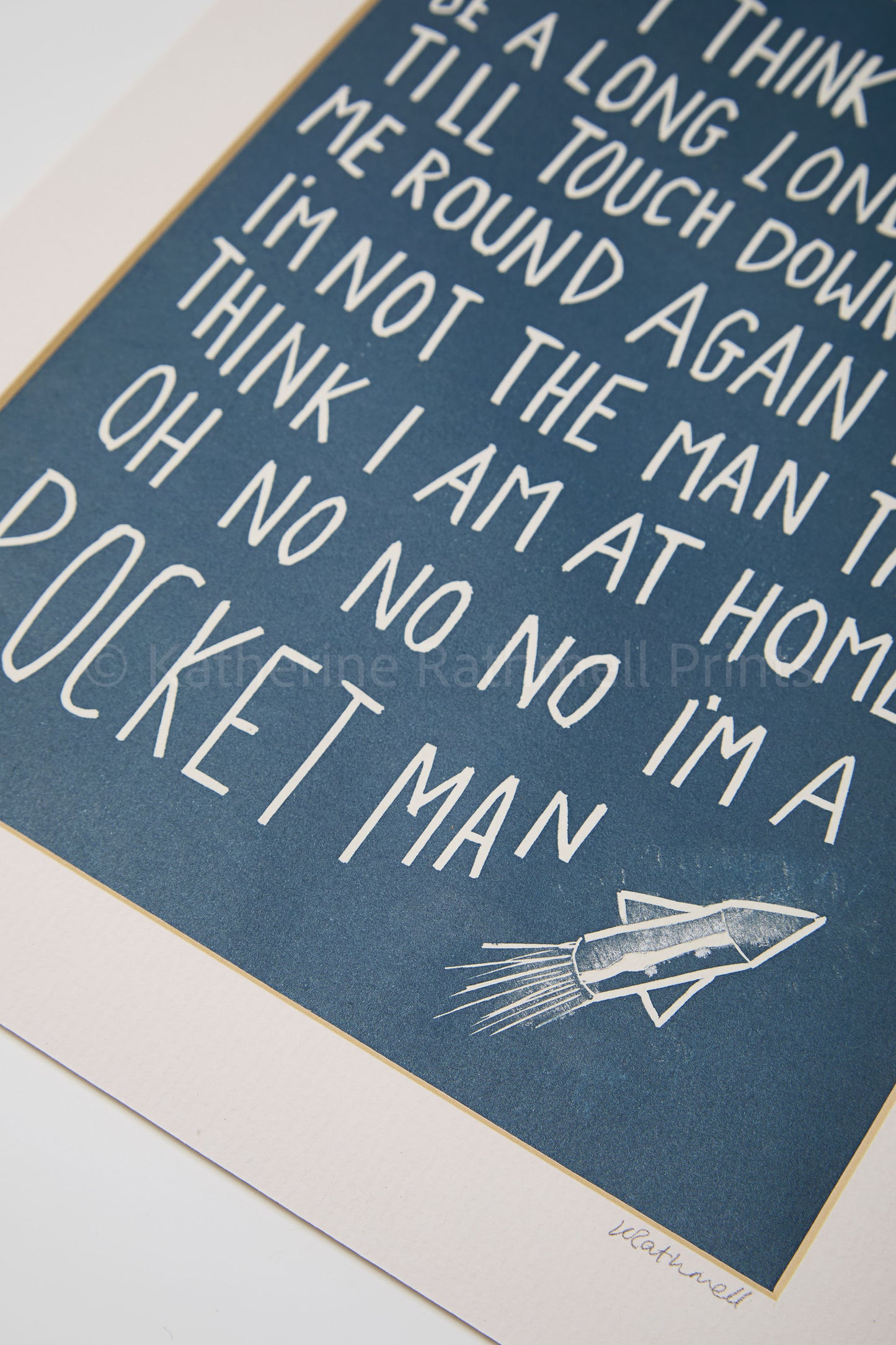 Elton John 'Rocket Man' lyrics linocut in silver grey or blue