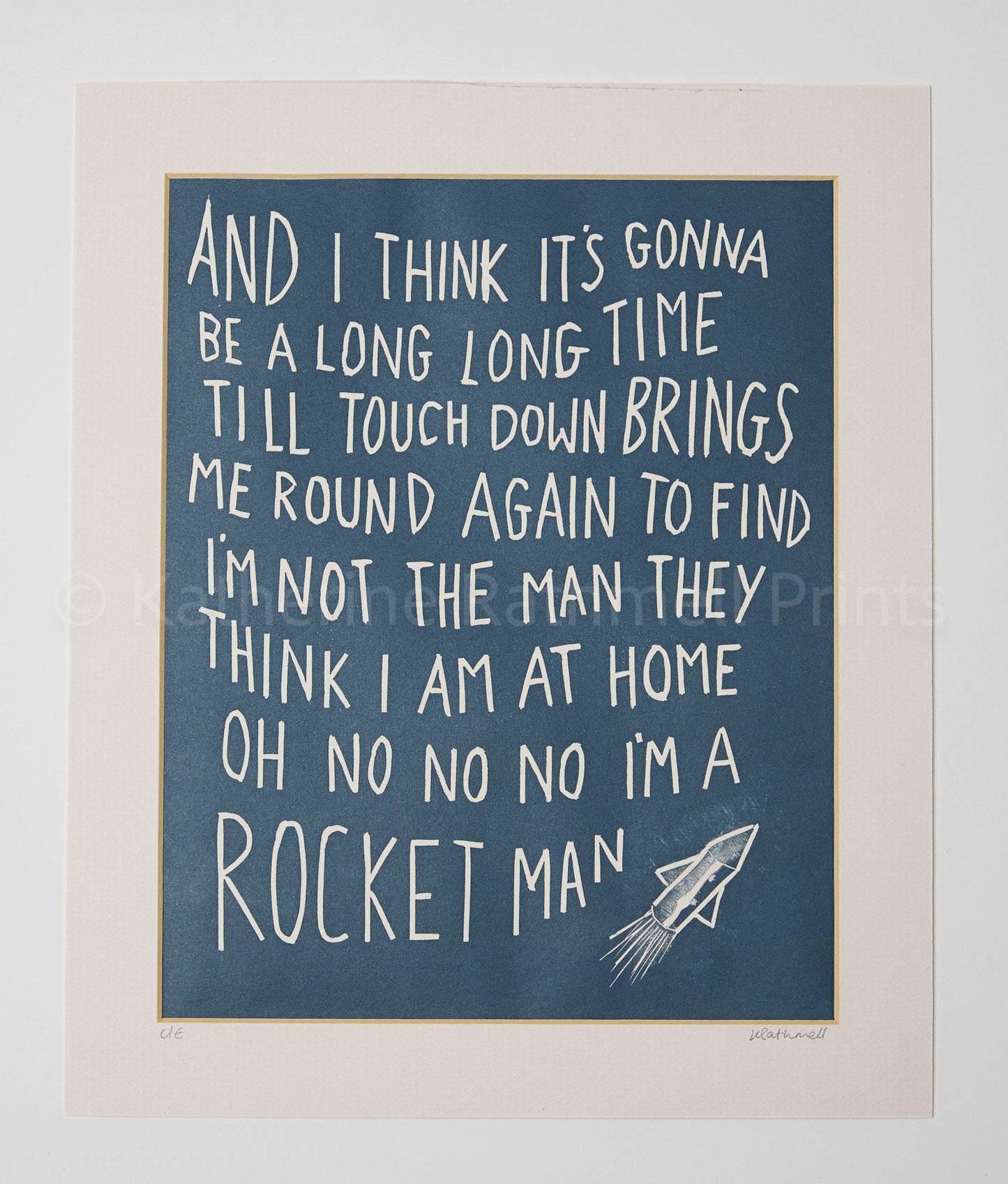 Elton John 'Rocket Man' lyrics linocut in silver grey or blue