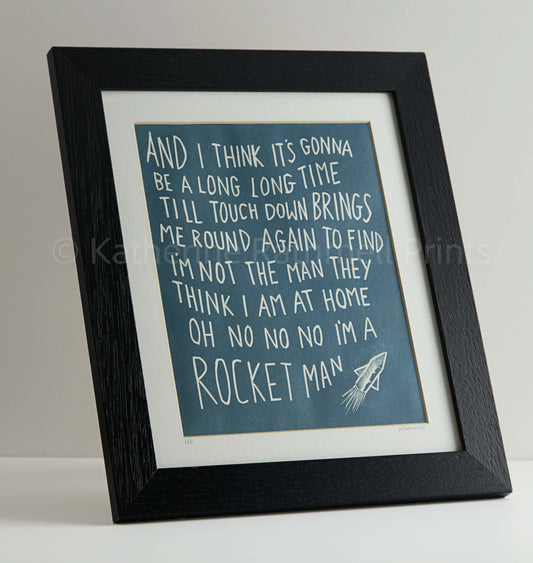 Elton John 'Rocket Man' lyrics linocut in silver grey or blue