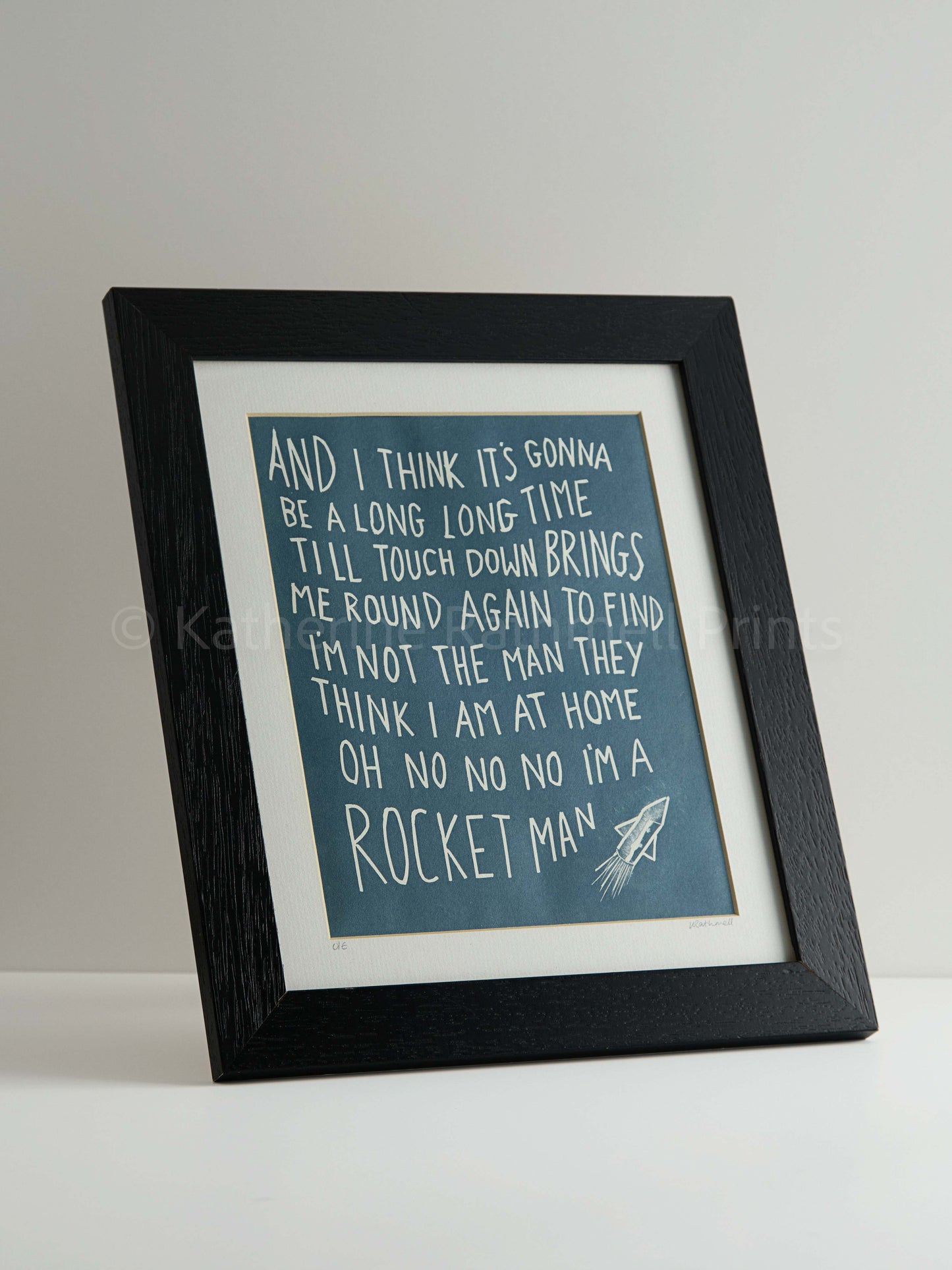 SUPER SECONDS Elton John 'Rocket Man' lyrics linocut in silver grey or blue