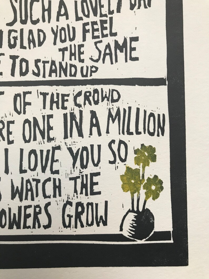 Travis 'Flowers in the Window' song lyrics inspired linocut print