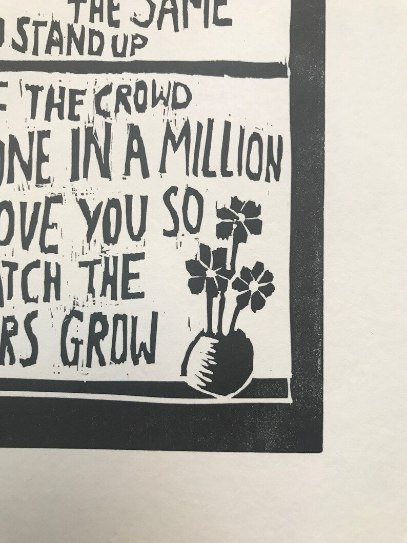 Travis 'Flowers in the Window' song lyrics inspired linocut print