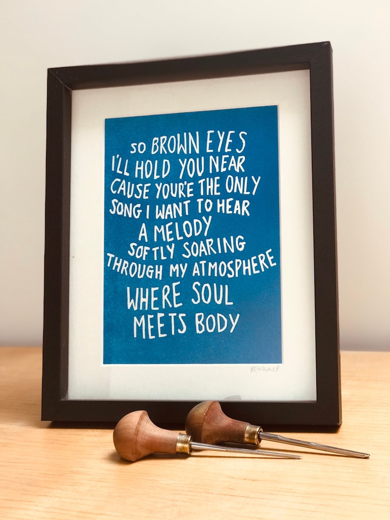 Death Cab for Cutie 'Soul Meets Body' lyrics inspired linocut print