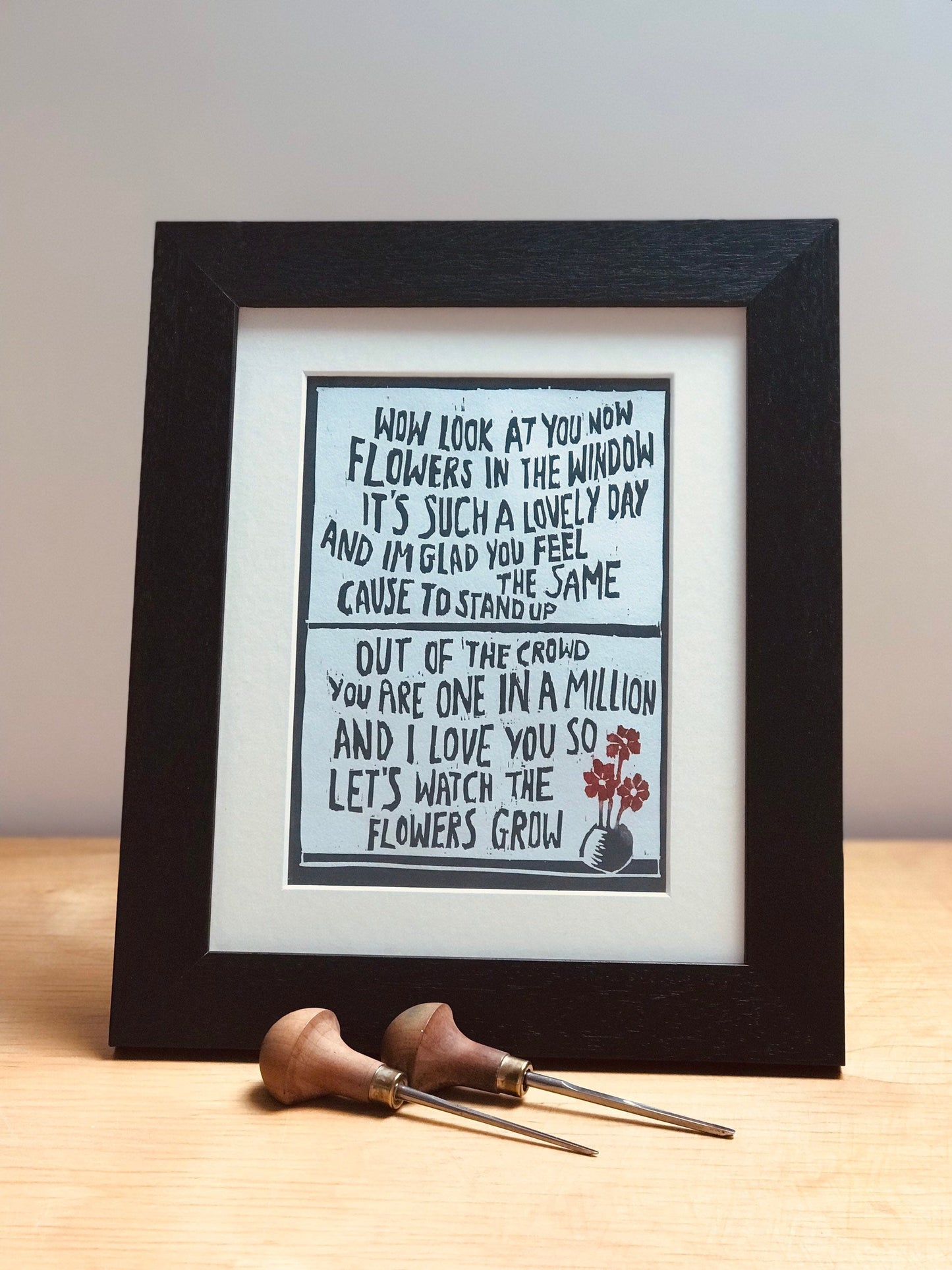 Travis 'Flowers in the Window' song lyrics inspired linocut print