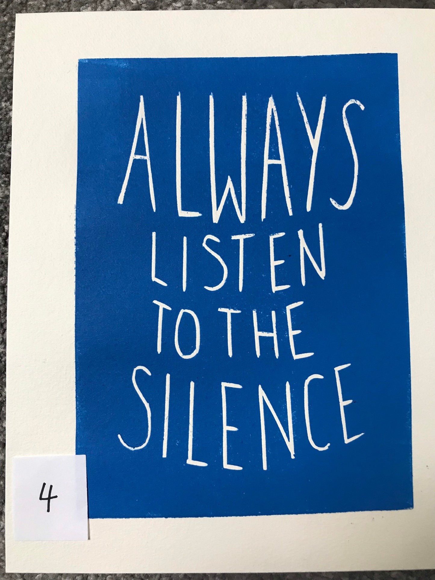 SUPER SECONDS Fatherson lyrics linocut print in blue ‘always listen to the silence’