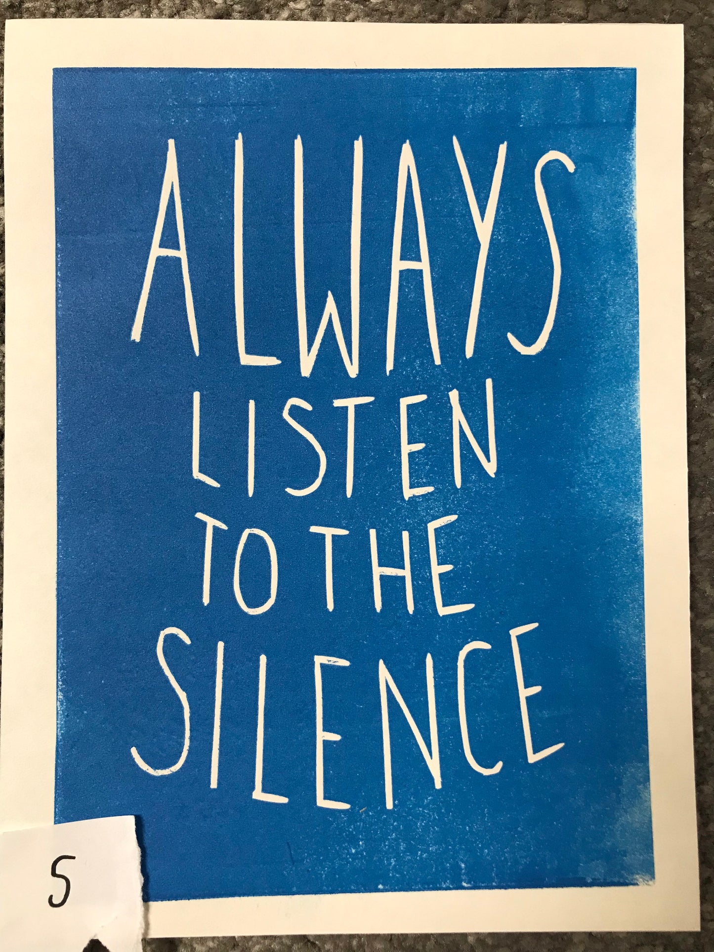 SUPER SECONDS Fatherson lyrics linocut print in blue ‘always listen to the silence’