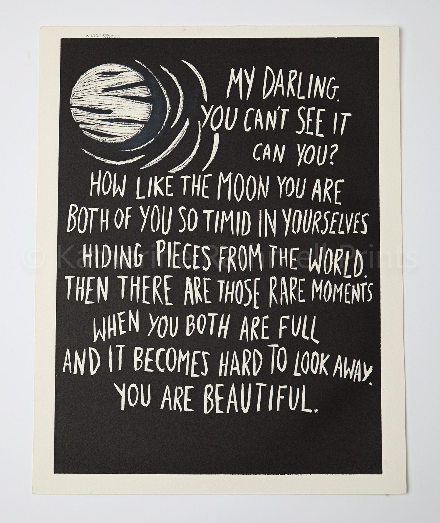 Moon linocut and poem by Alexandria Drzewiecki very romantic