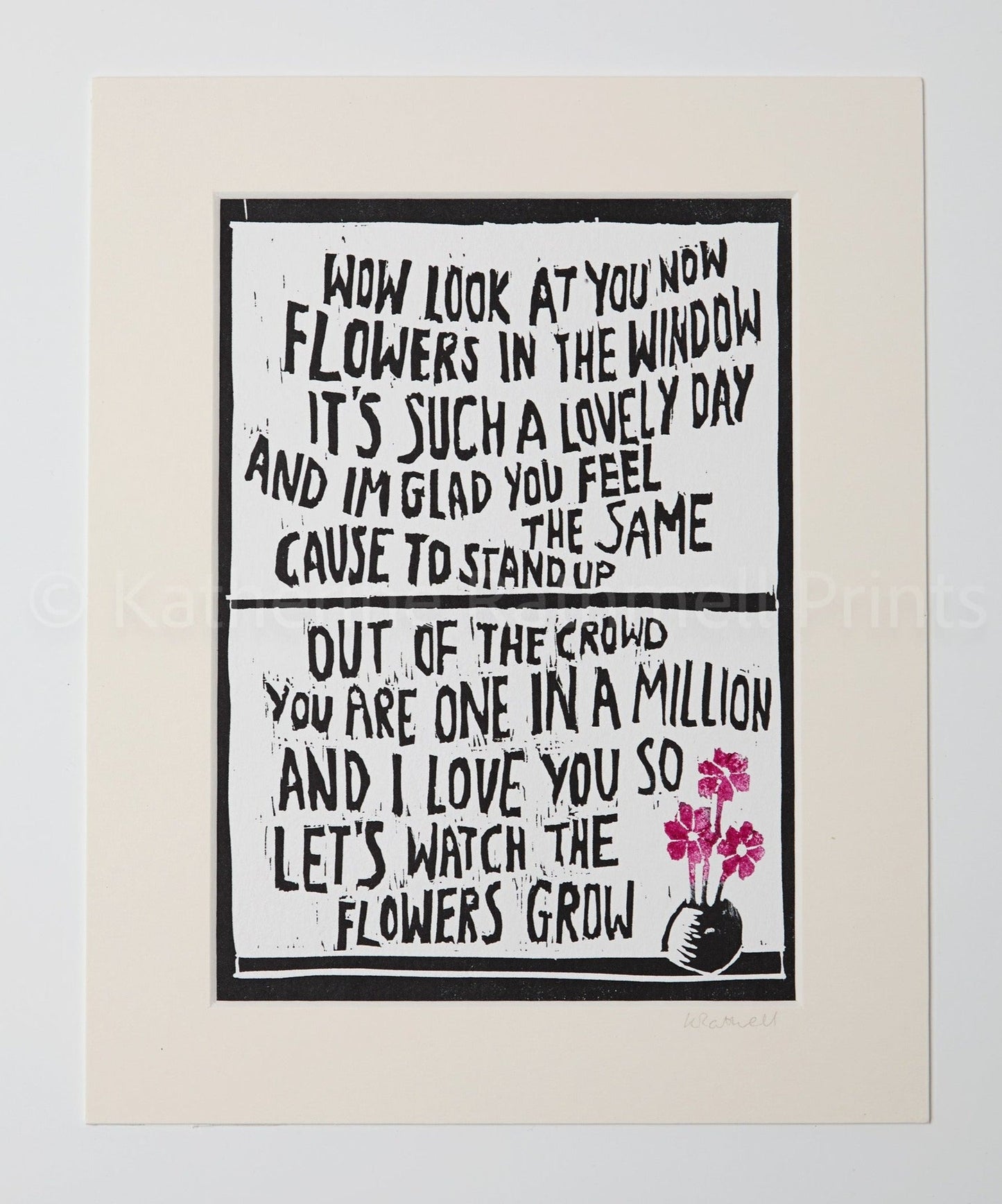 Travis 'Flowers in the Window' song lyrics inspired linocut print