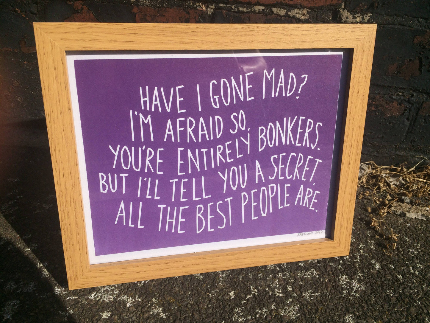 Alice in Wonderland 'Have I gone Mad' quote linocut print in blue or purple