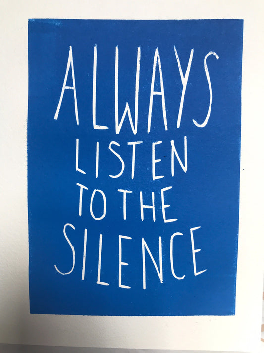 SUPER SECONDS Fatherson lyrics linocut print in blue ‘always listen to the silence’