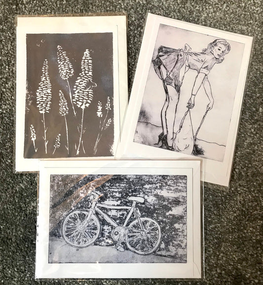 Blank greetings cards of linocut flowers, and etchings of a bike and a french maid (OLD STOCK not seconds)