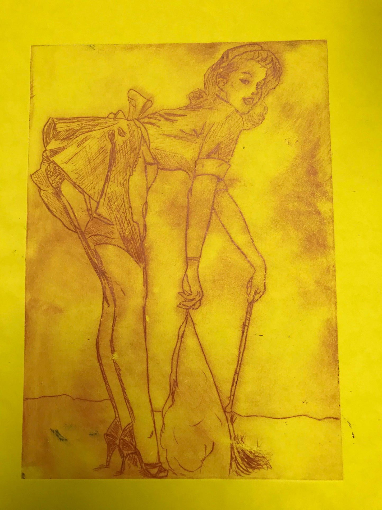 French Maid (after Elvgren) drypoint etching on white, brown or yellow paper (OLD STOCK NOT SECONDS)