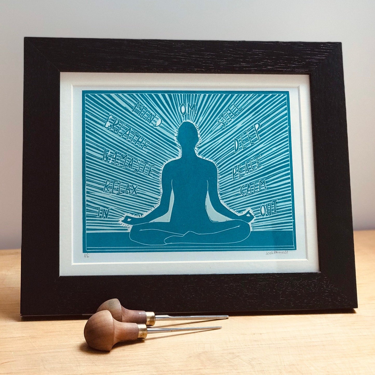 Yoga inspired linocut print blue