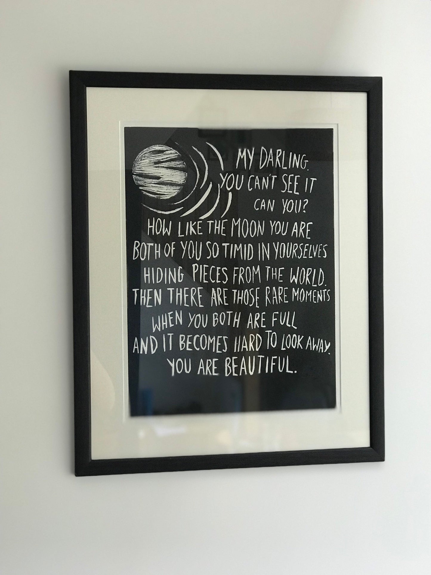 Moon linocut and poem by Alexandria Drzewiecki very romantic