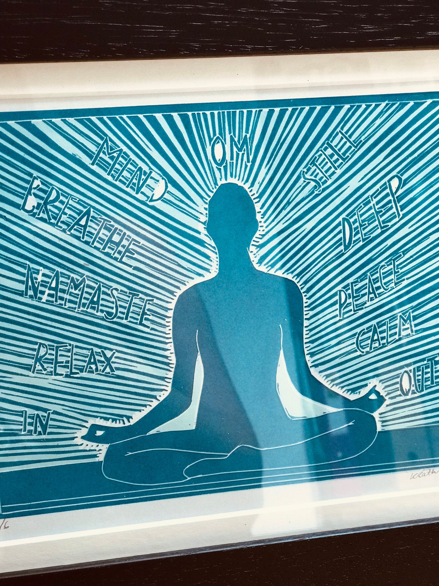 Yoga inspired linocut print blue