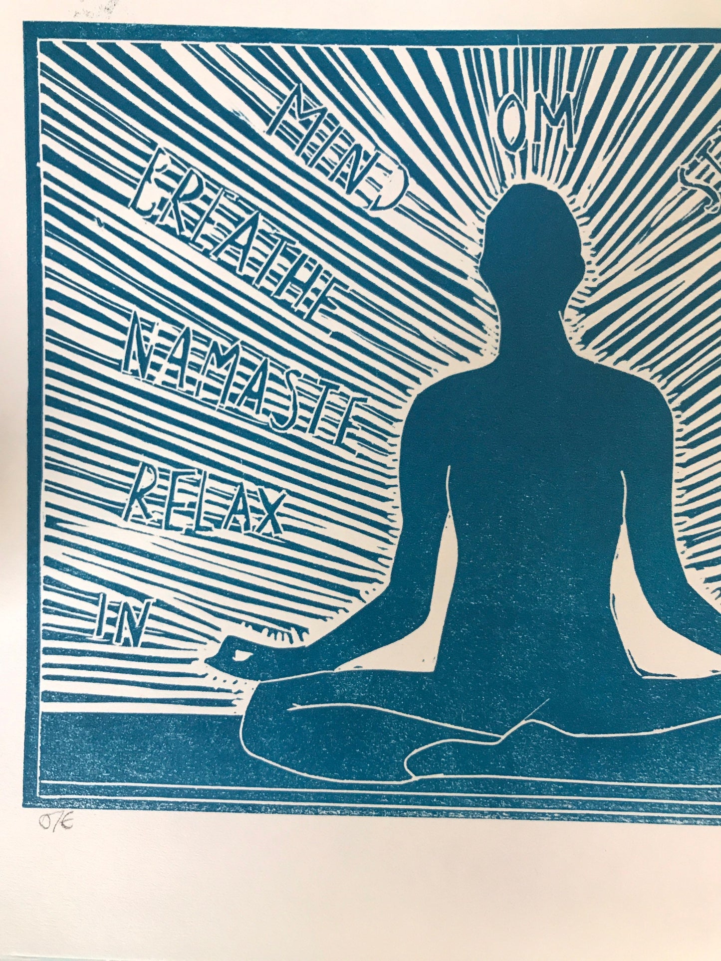 Yoga inspired linocut print blue