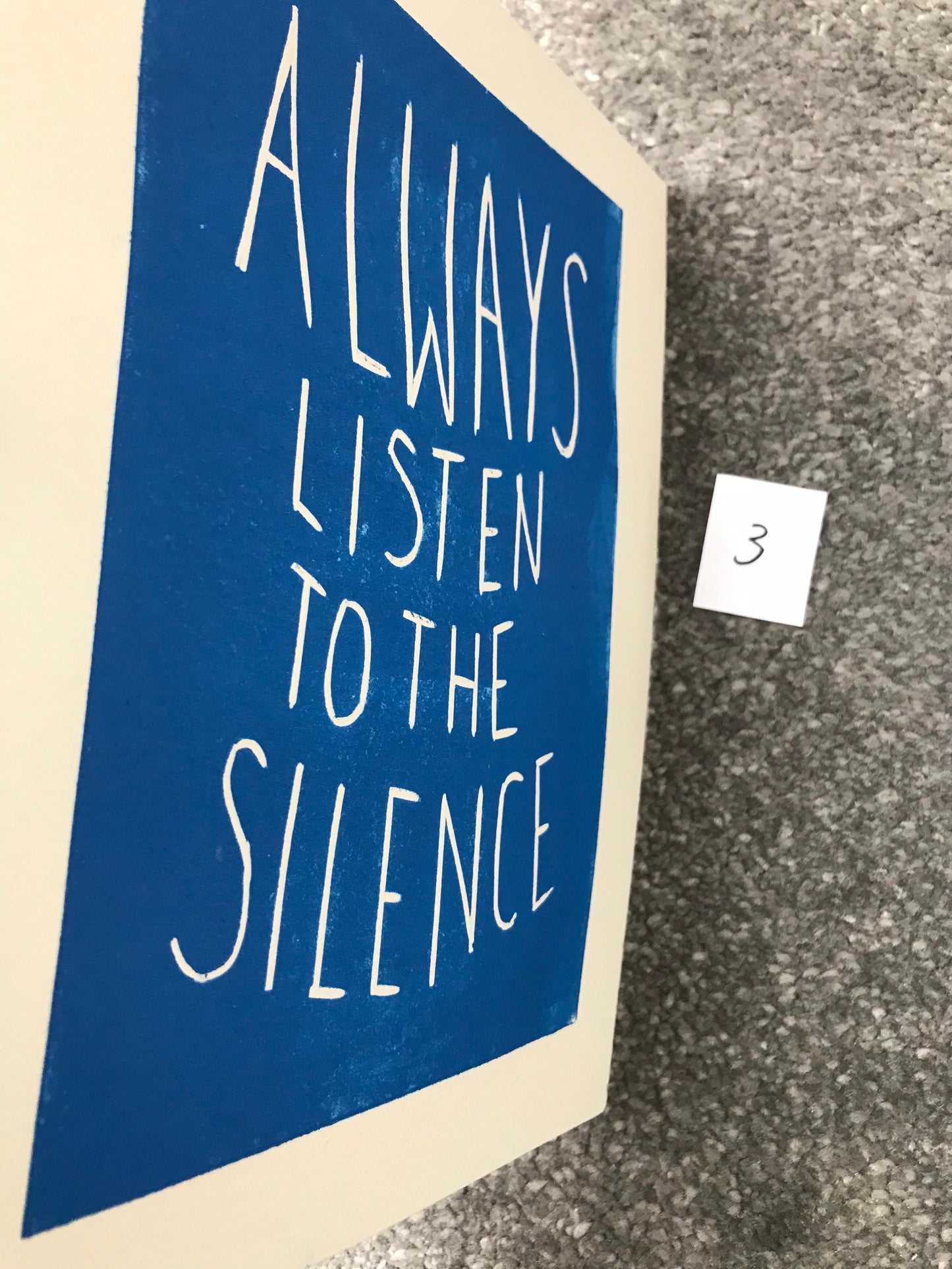 SUPER SECONDS Fatherson lyrics linocut print in blue ‘always listen to the silence’