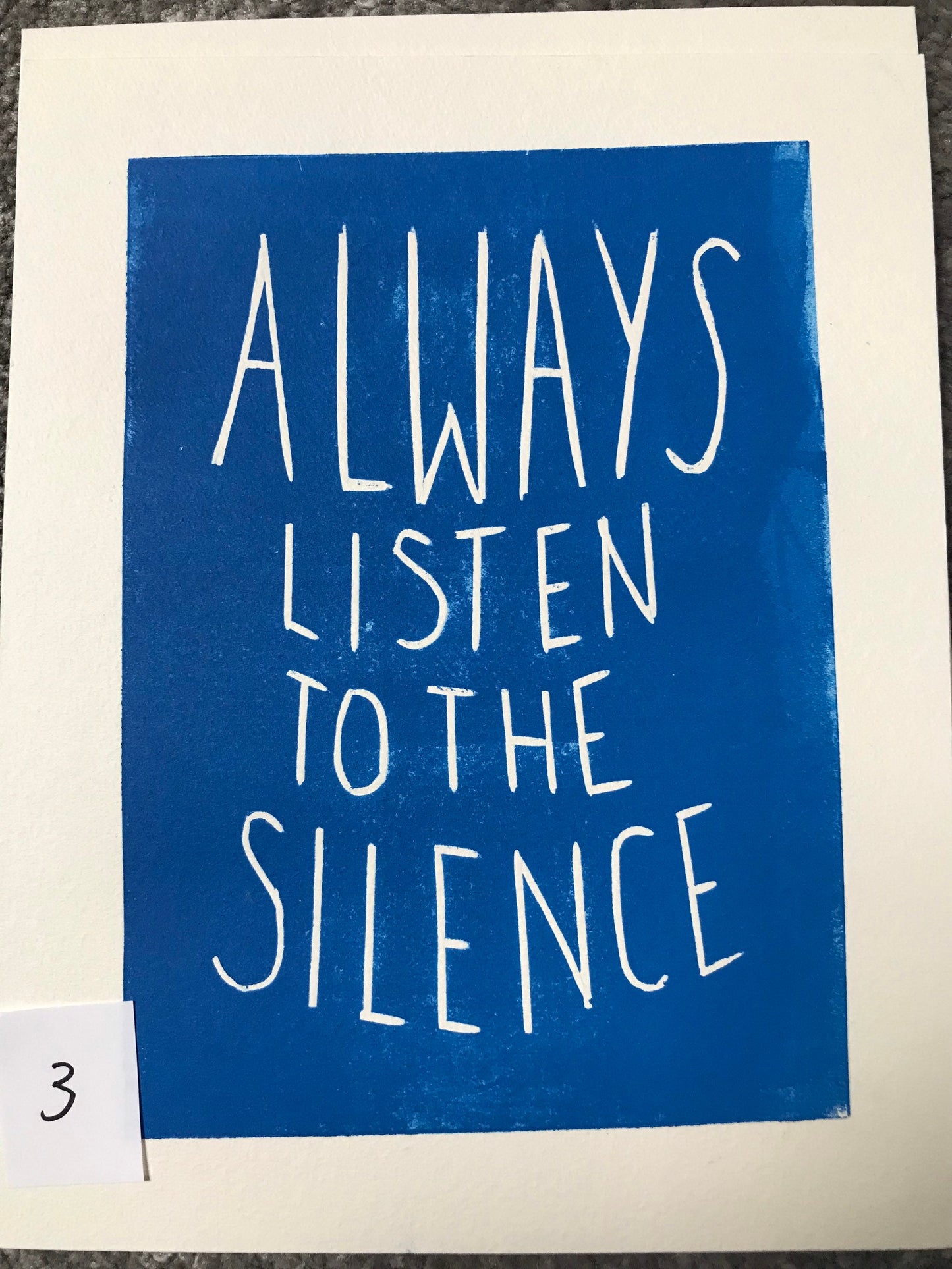 SUPER SECONDS Fatherson lyrics linocut print in blue ‘always listen to the silence’