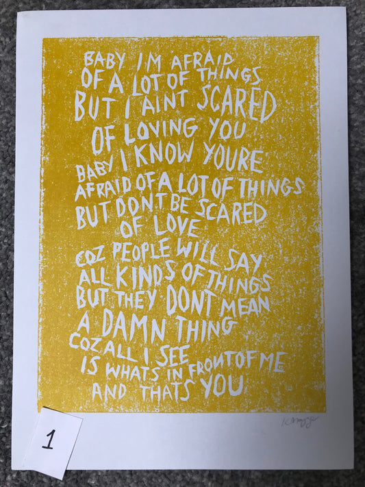 SUPER SECONDS Yeah Yeah Yeahs linocut print in yellow