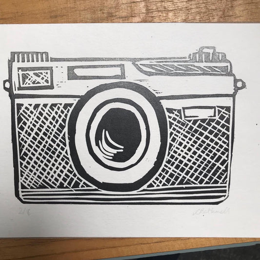 Linocut camera print black with silver fade