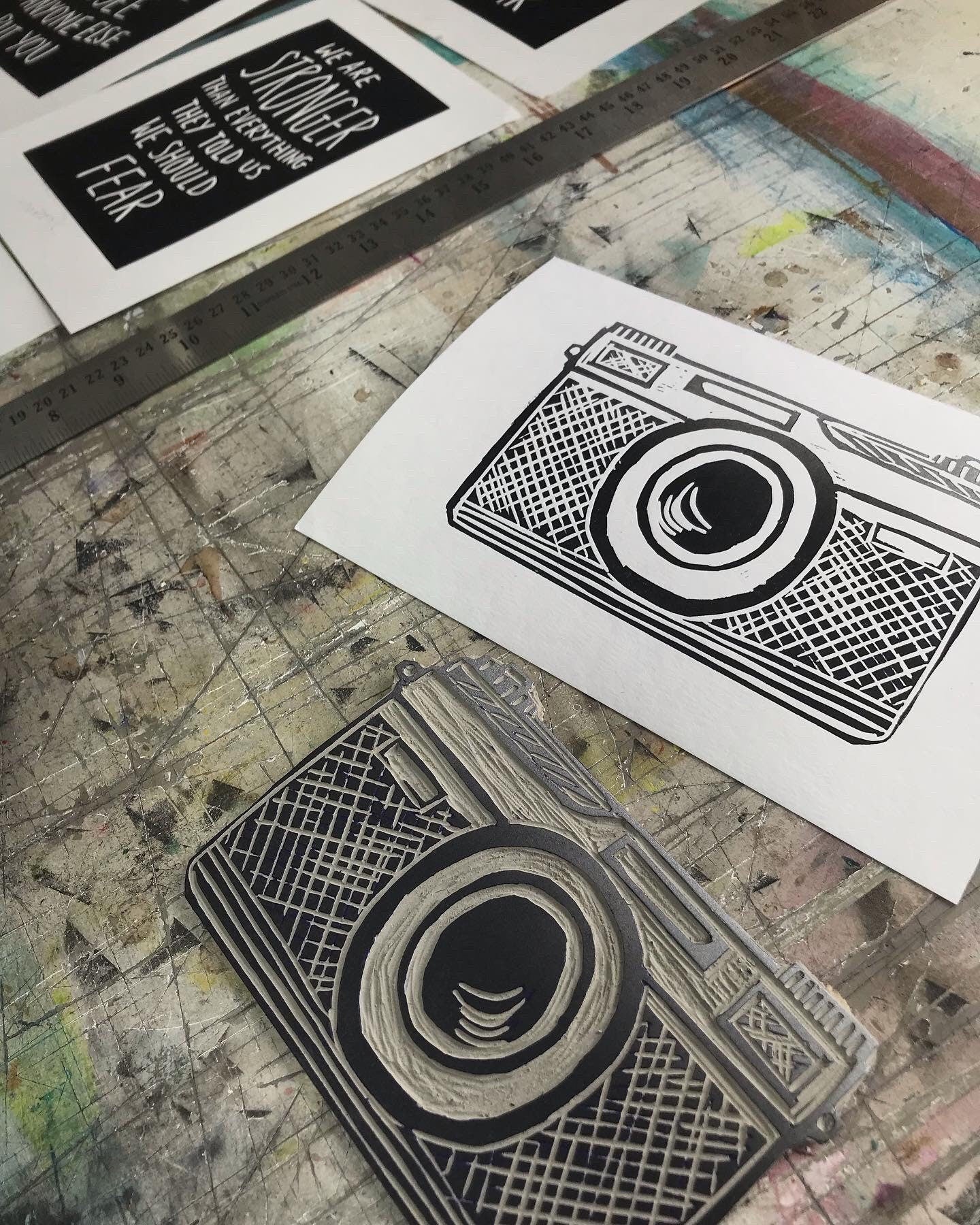 Linocut camera print black with silver fade