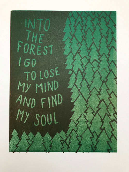 John Muir inspired forest linocut