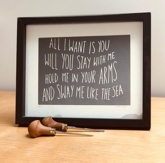 Juno movie soundtrack 'All I Want Is You' lyrics inspired linocut print